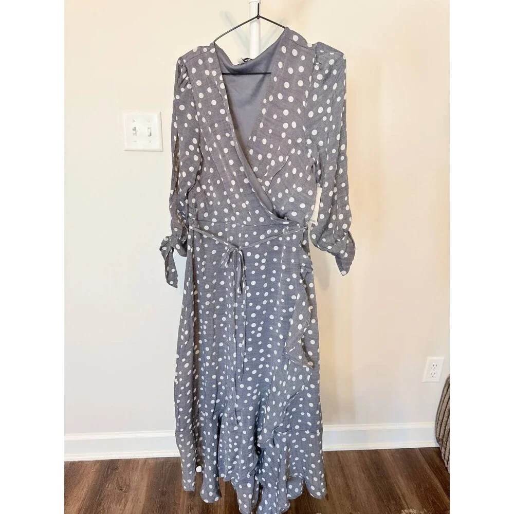 Harlow & Rose Polka‑Dot Long‑Sleeve Tie‑Waist Midi Dress–Gray/White Dot –XL-$56 - Picture 2 of 4